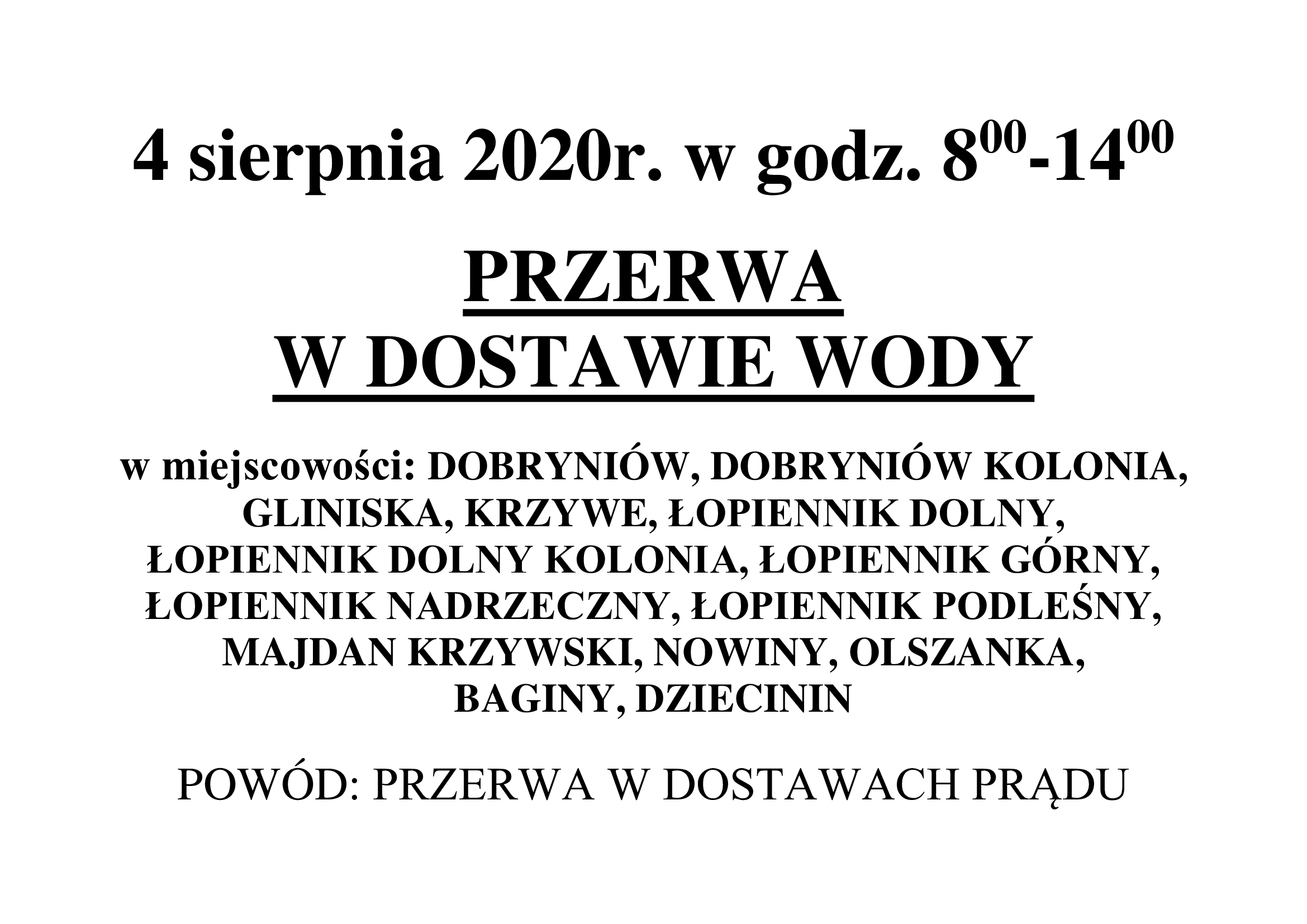 informacja o przerwie w dostawie wody